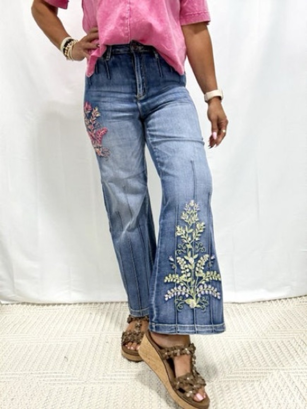 OLI & HALI Floral Embroidered Medium Blue Distressed Wash Boho Statement Jeans